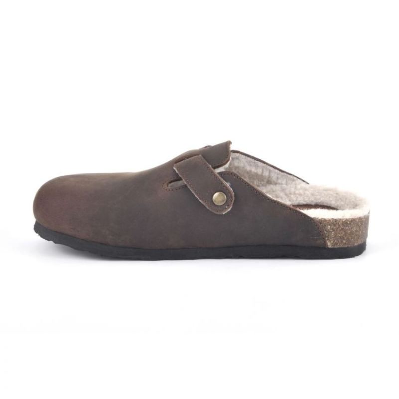 White Mountain | Women's Bari Leather Footbeds Clog-Brown Leather With Faux Shearling Lining