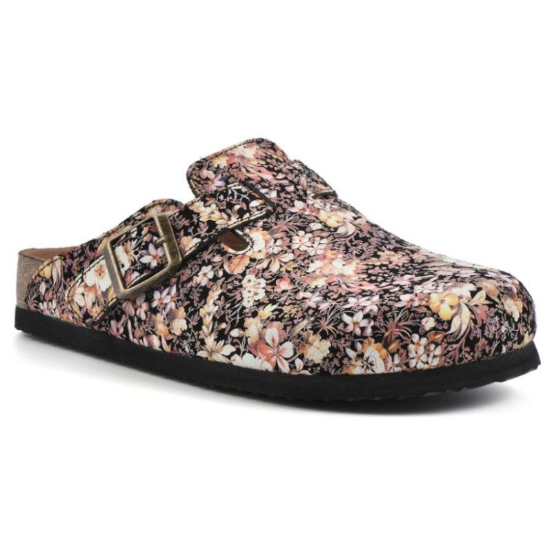 White Mountain | Women's Bari Leather Footbeds Clog-Black Floral Suede