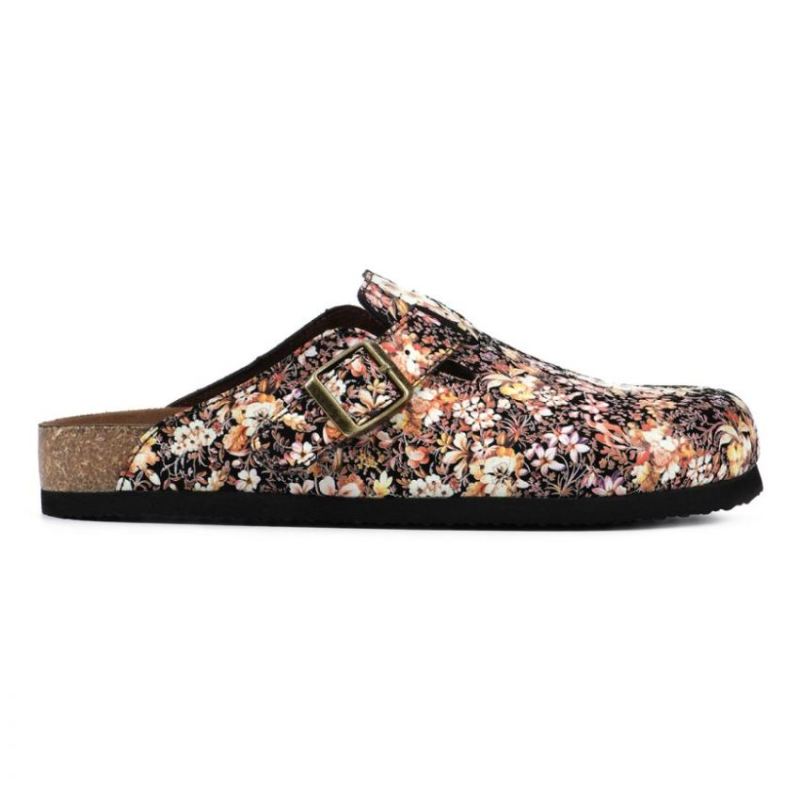 White Mountain | Women's Bari Leather Footbeds Clog-Black Floral Suede