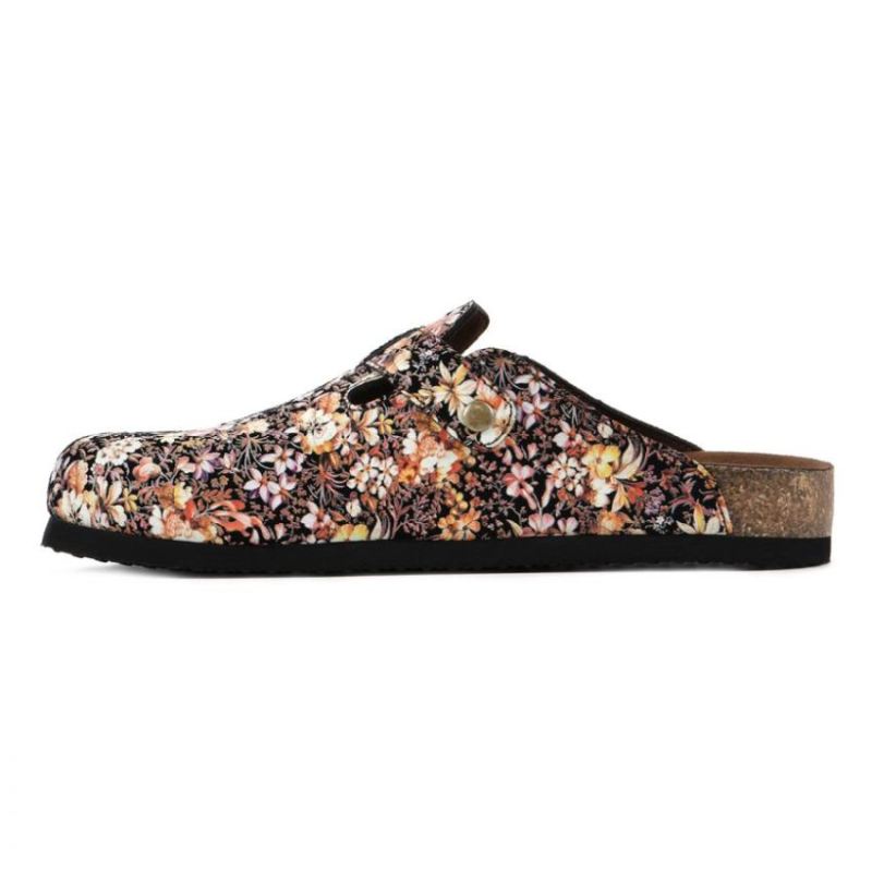 White Mountain | Women's Bari Leather Footbeds Clog-Black Floral Suede